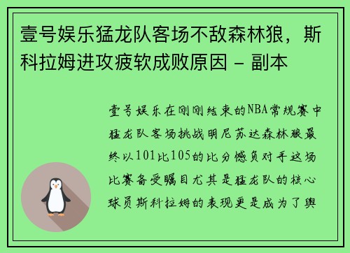 壹号娱乐猛龙队客场不敌森林狼，斯科拉姆进攻疲软成败原因 - 副本