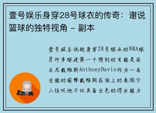 壹号娱乐身穿28号球衣的传奇：谢说篮球的独特视角 - 副本