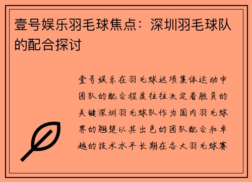 壹号娱乐羽毛球焦点：深圳羽毛球队的配合探讨